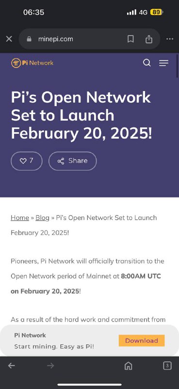公告先锋，Pi网络将于协调世界时2025年2月20日上午8:00正式过渡到主网的开放网络期！由于过去六年来整个Pi社区的辛勤工作和承诺，我们正在迈出巨大的下一步，以实现我们的愿景，即在Pi（世界上使用最广泛的加密货币）的推动下，构建世界上最具包容性的点对点生态系统和在线体验