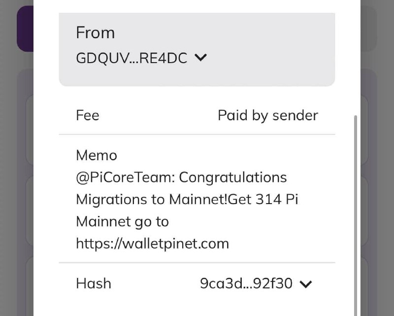 注意⚠️注意⚠️注意⚠️各位派友，骗局又有新花样，如果您pi主网钱包已被项目方创建并且可以接受任何人的主网币转入，您可能收到一点pi币（本人收到0.0000314pi），按进去你会发现在备忘录显示内容：“@PiCore 团队：恭喜迁移至主网！欲获取314 主网Pi请转到